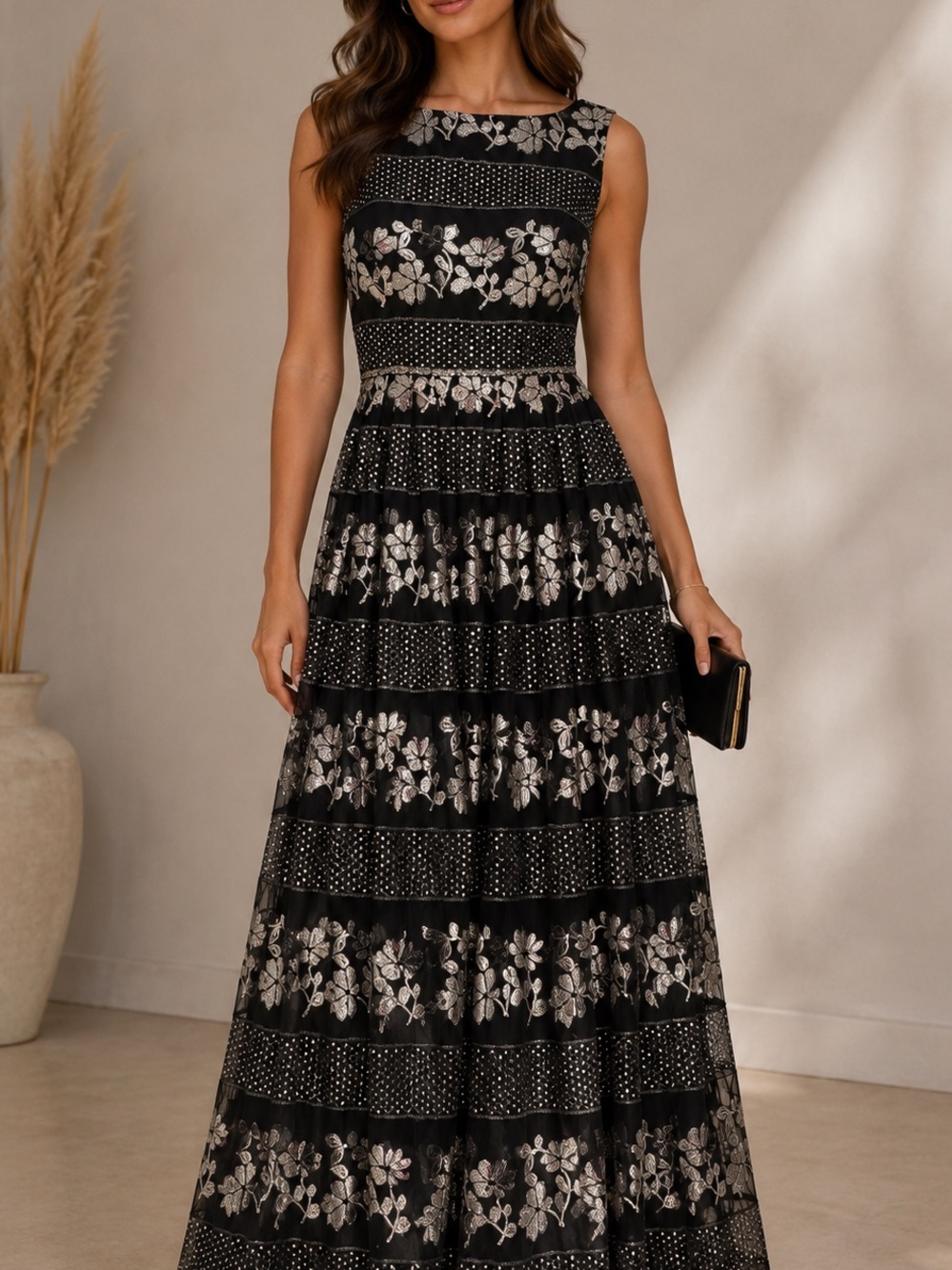 Tahari Black Floral Lace A-Line Evening Gown